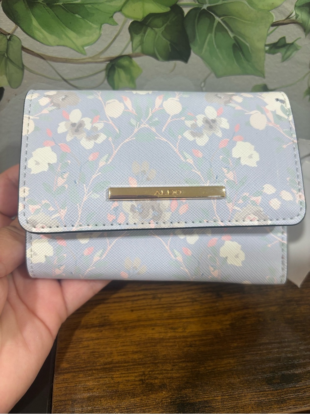 ALDO Light Blue Floral Compact Wallet with Gold Logo Bar